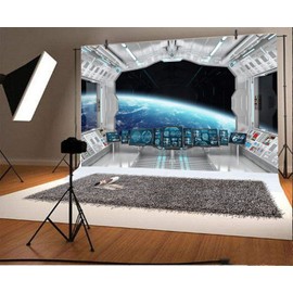 Leyiyi 5x3ft Spaceship Interior Backdrop 3D Universe Workshop Outer Space Travel Science Explore Station Earth Vista Photo Background Cowboy Kids Birthday Portrait Shoot Studio Vinyl Prop Wallpaper