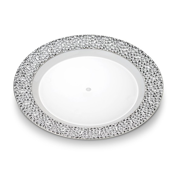 [8 Count - 10 Inch Plates] Laura Stein Designer Tableware Premium Heavyweight Plastic White Dinner Plates With Silver Border, Party & Wedding Plate, Glitz Series, Disposable Dishes