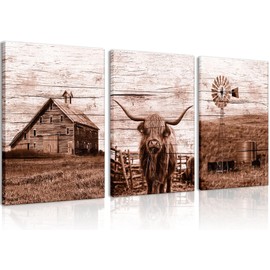 PLPKEYGR 3pcs Farmhouse Highland Cow Wall Art Vintage Country Highland Cow Wall Art Barn Farmhouse Windmill Canvas Pictures for Living Room Bedroom Bathroom 12x16 Inch Canvas