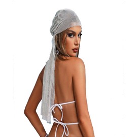 PartyArt Women Mesh Rhinestone Headbands Glitter Fishnet Diamond Headpiece Sparkly Rave Hollow Fashion Hair Long Version Accessories White