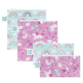 Bumkins - Cloth Snack & Sandwich Bags - For Storage, Travel, Food Prep, Lunch - Reusable, Water Resistant, Washable, Dishwasher Safe - Snack Bags for Kids - Zipper Closure -Unicorns & Rainbows -4 Pack