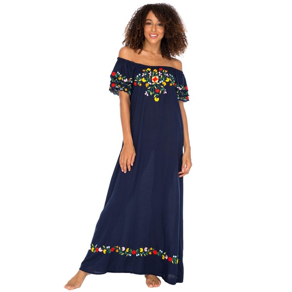 Back From Bali Vestido largo bordado mexicano para mujer, con hombros descubiertos, largo, bohemio, floral, vestido campesino, marino, XL