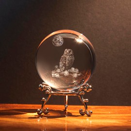 ZMCRAFT 60mm 3D Laser Owl Crystal Ball, Glass Sphere Paperweight Home Decor Owl Figurine Crafts with Free Metal Stand. Ideal Gift Choice.