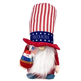 Rae Dunn Fourth of July Gnome - July 4th Decor for Home - Patriotic Memorial Day Farmhouse Kitchen Decoration - Stuffed Gnome Plush Shelf Figurines - Gnome Decor and Gnome Gifts - Fire Cracker
