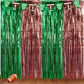 3 Pack 3.3x6.6Ft Superbowl Football Foil Fringe Curtain Backdrop Decorations, Dark Green and Brown Metallic Tinsel Foil Streamers Curtain Photo Background for Superbowl Sports Football Birthday Party