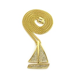 Shiny Jewelers USA Mens Gold SAIL Boat ICED Out Pendant Box,Rope,Cuban Chain Hip HOP Necklace (Cuban Chain)