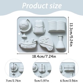 Educational School Supplies Silicone Mold, 6 Cavity Decorative Mold with Globe Backpack Book Lab Flask Art Palette, Grayish Blue, for Chocolate Candy Ice Soap