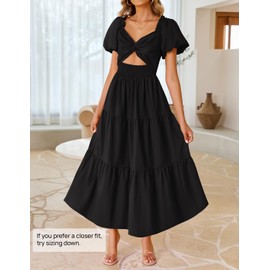 ZESICA Womens Summer 2025 Boho Vacation Dress Short Puff Sleeve Flowy Smocked Cutout A Line Beach Party Dresses,Black,X-Large