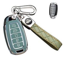 SANRILY Golden-Edge 5 Button Key Fob Cover for Hyundai Palisade Elantra 2020 2021 Keyless Full Protection Key Fob Case with Leather Keychain Light-Green