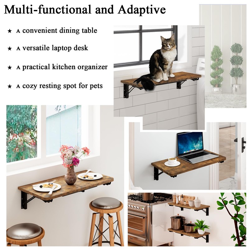 TEAMIX Wall Mounted Folding Table, Rustic Brown Floating Wall Desk