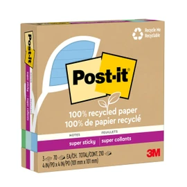 Post-it 100% Recycled Paper Super Sticky Notes, 2X The Sticking Power, 4x4 in, 3 Pads, 70 Sheets/Pad, Oasis Collection (675R-3SST)