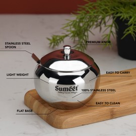 Sumeet Stainless Steel Ghee and Oil Pot, Storage Container with Spoon for Kitchen, 8.5cm Dia, 230ML -(Pack of 1), Silver