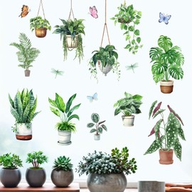Amimagen Hanging Potted Plants Wall Stickers - Tropical Plants Tree Leaves Wall Decals - Bedroom Living Room Kitchen Window Sofa TV Background Home Wall Decor