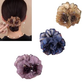 AsggBah 3pcs Hair Scrunchies with Duel-Flowers for Women Elastic Hair Ties Hair Bands for Mother's Day Birthday (Purple+Brown+Blue)