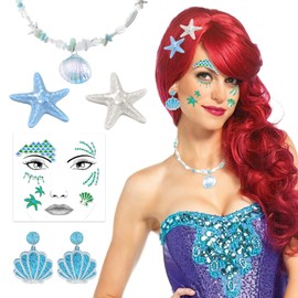 DPKOW Girls' Mermaid Costume Accessories, Glitter Mermaid Face Tattoo, Carnival Necklace, Earring, Mermaid Starfish Hairpin, Fancy Dress Costumes, Girls Women Carnival Costume Accessories
