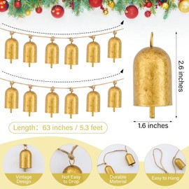 ARQRHTLY 87 Inch Gold Vintage Bells Garland for Christmas Decorations, Antique Cow Bells with Jute Hanging Rope Vintage Metal Brass Cowbells String Banner for Christmas Tree Mantle Xmas Holiday Decor