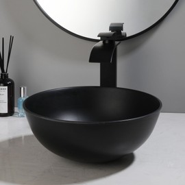 KECTIAKL Matte Black Bathroom Vessel Sink with Waterfall Faucet and Pop-Up Drain Combo,13 Inch Stone Resin Vessel Sink Above Counter Round Bathroom Sink Bowl with Mixer Tap