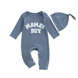 Newborn Baby Boy Coming Home Outfit Clothes Long Sleeve MAMA’S BOY Letter Print Romper Ribbed Knit Jumpsuit Hat Fall Bodysuit (Blue, 3-6 Months)