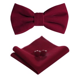 HOULIFE Bow Tie Set for Men – Adjustable Velvet Pre-tied Bowtie, Solid Colour Pocket Square, Cufflinks Set for Groom Wedding Party Formal with Gift Box, Burgundy