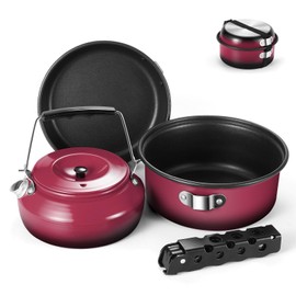 Odoland 5pcs Camping Cookware Mess Kit, Non-Stick Lightweight Pot Pan Kettle Set with a removable handle - Perfect for Backpacking, Camping, Hiking, and Picnic Red