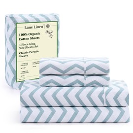 Lane Linen 100% Organic Cotton King Size 4 Piece Sheet Set – Comfy Breathable Sheets – Hotel Luxury Bed Sheets – Deep Pockets, Easy-Fit, Extra Soft – Oeko-Tex Bed Sheet Set – Cool Blue Chevron