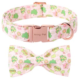 ARING PET St Patrick's Dog Collar-Cute Pink Shamrock Dog Collars with Bow, Adjustable Clovers Bowtie Dogs Collars Trefoil Pet Necklace with Metal Buckle
