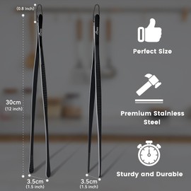 HOTEC Stainless Steel Kitchen Tweezers Tongs, 2 Pcs 12Inch Professional Chef Tweezers for Cooking, BBQ, Grilling, Plating, Seafood and Serving, Black