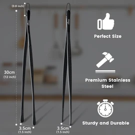 HOTEC Stainless Steel Kitchen Tweezers Tongs, 2 Pcs 12Inch Professional Chef Tweezers for Cooking, BBQ, Grilling, Plating, Seafood and Serving, Black