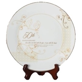 50th Wedding Anniversary Love Sees with the Heart Porcelain Plate with Stand by Roman