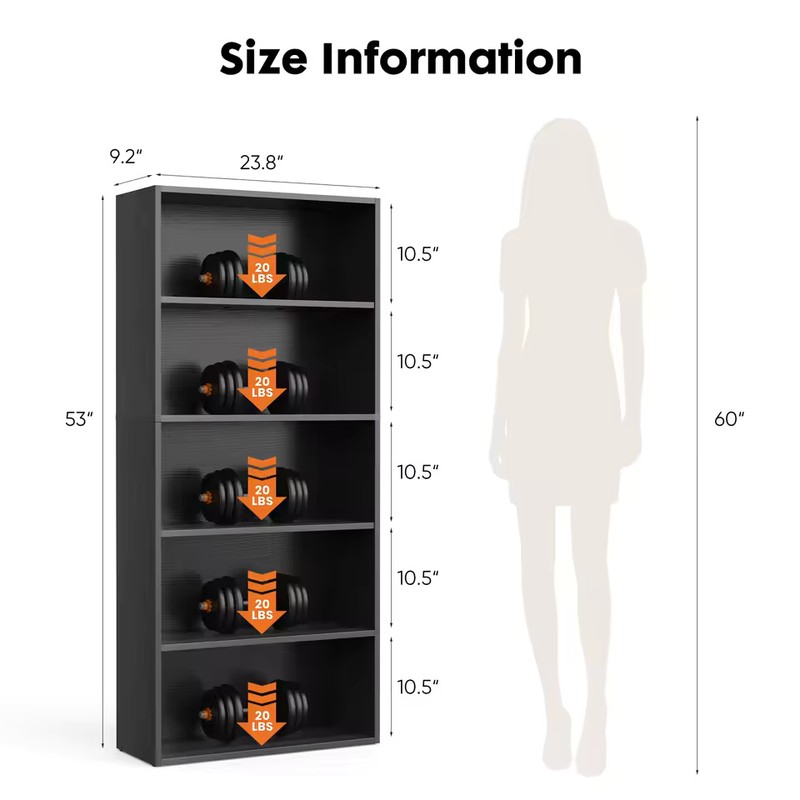 6-Tier Wood Bookcase, 63-Inch Tall Bookshelf with Anti-Tip Device, Floor