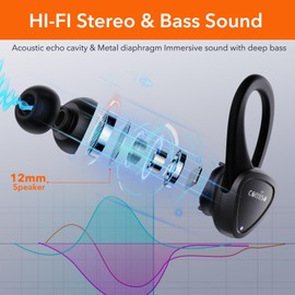 comiso E8 Wireless Earbuds with Punchy Bass, Bluetooth 5.3 Headphones Built in ENC & Active EQ, Touch Control, 70H Playtime, Over Ear Buds Wireless Bluetooth Earbuds with Soft Ear Hooks - Black