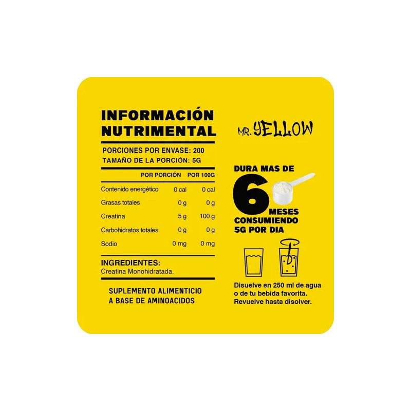 Creatina Monohidratada 1kg Mr. Yellow Sabores 200 Servicios