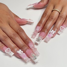 FOXIIU Press on Nails Coffin Long Length Glossy Full Cover Acrylic Coffin Shape French False Nails with Gems Designs Ballerina Artificial Square Fake Nails with Charms Stick on Fingernails for Women
