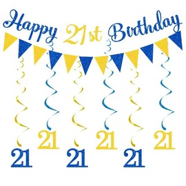 21st Birthday Party Blue Gold Decorations Happy 21st Birthday Bunting Banner With Hanging Swirls Streamers for Boys Men Adult Birthday Anniversary Party Decor Supplies
