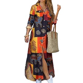 OMZIN Women Cotton and Linen Shirt Print Dress Casual Loose Maxi Dresses Lapel Button Down Long Dress Yellow S