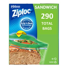 Ziploc Bolsas de Plástico Reutilizables Ziploc para Sándwich con Pestañas para una Fácil Apertura, 2 Paquetes con 145 Bolsas cada uno