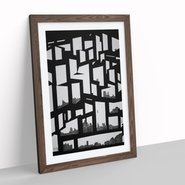 Monochrome City Skyline Abstract No.3 Framed Print for Living Room Bedroom Home Office Décor, Wall Art Picture Ready to Hang, Walnut A4 Frame (34 x 25 cm)