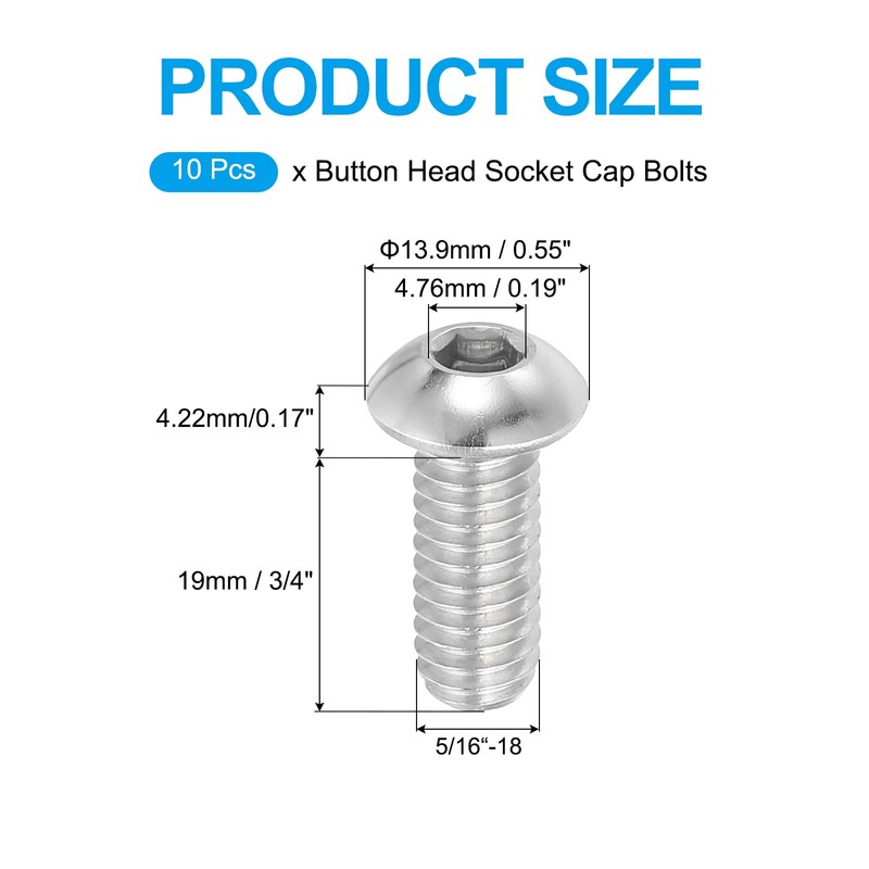 PATIKIL 5/16-18x3/4" Button Head Socket Cap Screws, 10 Pcs 304