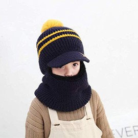Uniyoung Baby Winter Warm Hat Scarf Toddler Girls Boys Ear Flaps Hood Balaclava Kids Fleece Lining Knit Pompom Beanie Hat with Visor Ski Snow Caps for 1-5 Years (Navy)