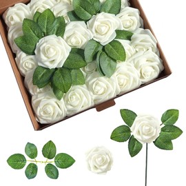 WOWBEAUTY Fake Roses Artificial Flowers Real Look 25 Pcs Foam Fake Roses with Stems for DIY Wedding Bouquets, Centerpieces, Bridal Showers, Parties, and Home Decor