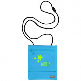 Neck Pouch with Name, Star Motif, Customisable and Printed with Name Print, Children's Purse, Coin Compartment for Children, Boys, Girls with Velcro Fastener for Hanging, lightblue,