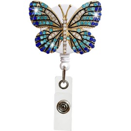 Crystal Blue Butterfly Rhinestones Retractable Badge Reel, Bling Diamond Nurse Badge Holder Reels with Swivel Alligator Clip Badge Holders for Teachers Students Volunteers Badge Holders