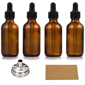 4 Pack, 1 oz Thick Dark Amber Glass Dropper Bottles with 1 Funnels & 4 Labels - 30ml Tincture Bottles with Eye Dropper - Leakproof Essential Oils Bottle - Storage and Travel for Beauty or Health