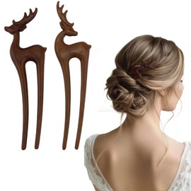 CUBACO 2 PCS Wooden Hair Sticks for Women U Shaped Sandalwood Hair Fork with Deer Design French Twist Hair Pin Vintage Chinese Chopstick Hairpin for Long Thick Hair Women Chignon Bun Updo Hairstyle