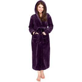NY Threads Women's Fleece Hooded Bathrobe Plush Long Spa Robe, Medium, Plum