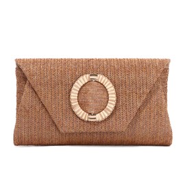 BWBIKE Women's Raffia Woven Clutch Purse - Elegant Straw Shoulder Bag for Summer, Beach, Weddings and Formal Parties, Envelope Handbag with Removable Chain Strap, brown