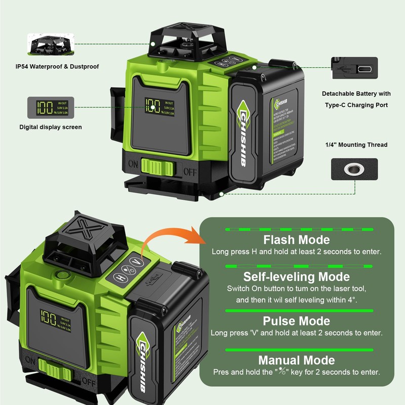 16 Lines Green Laser Level Kit -4x360° 4D Self-Leveling Cross