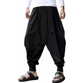 perdontoo Mens Harem Pants Casual Drawstring Aladdin Hippie Cotton Drop Crotch Trouser (42, Black)