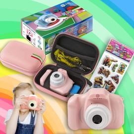 An ShopTo Camera Kids Digital Camera Girls Pink 20MP Micro SD 32GB with Waterproof Rubber Bag 8 x Selfie Camera Birthday Gift 2-8 Years