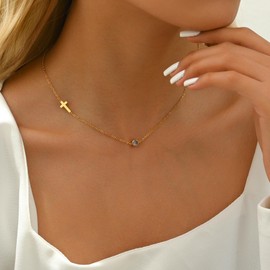 Nawflue Sideways Cross Necklace for Women 18K Gold Plated Dainty Birthstone Cross Choker Necklace Adjustable Stainless Steel Religious Faith Jewelry February